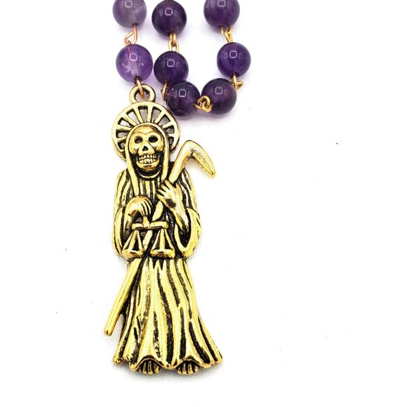 Handmade Amethyst Santa Muerte Rosary - Holy Death Amulet - Natural Stone Beads - Picture 9 of 10